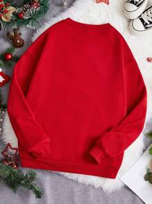 SHEIN EZwear Loose Fit Women's Christmas Print Drop Shoulder Fleece Sweatshirt - Red - View 2