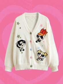 The Powerpuff Girls | ROMWE 卡通圖案落肩袖前紐扣開襟衫 - 杏色 - 查看 1