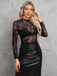 SHEIN Tall Stand Collar See-Through Lace Top - Black - View 1