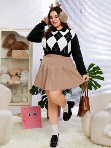 SHEIN EZwear Sudadera Con Cuello Y Patrón De Diamante Para Mujeres Con Talla Grande - Blanco y Negro - Ver 4