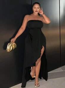 Slaydiva Plus Size Asymmetric Hem Strapless Dress - Black - View 2