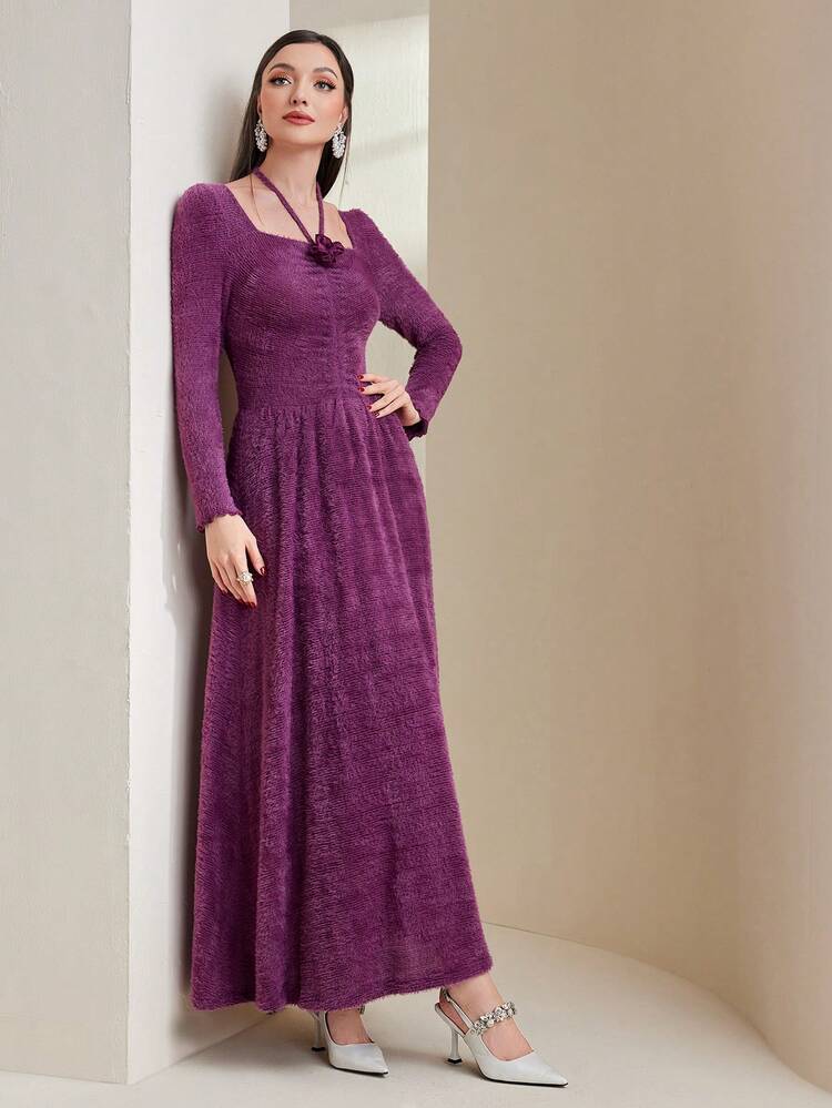 Women's Purple Plush Square Neck Long Sleeve Dress