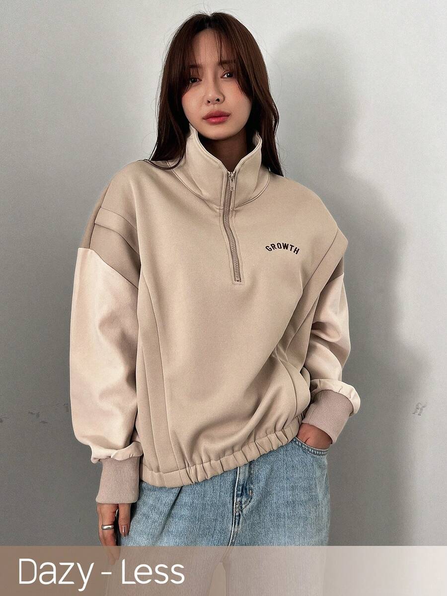 DAZY Của phụ nữ Nửa Zip Thả vai Áo nỉ - Màu Khaki - Xem 1