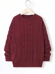 SHEIN 男孩休閒寬鬆高領套頭毛衣,長袖,適用於青少年 - 酒紅色 - 查看 1