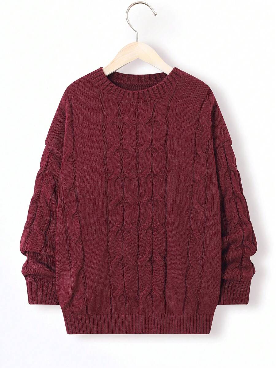 SHEIN 男孩休閒寬鬆高領套頭毛衣,長袖,適用於青少年 - 酒紅色 - 查看 1