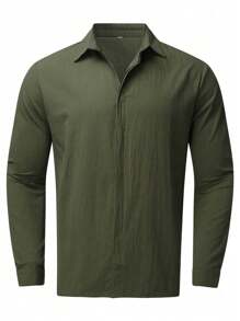 Men's Solid Color Button-down Casual Shirt - Army Green - View 6