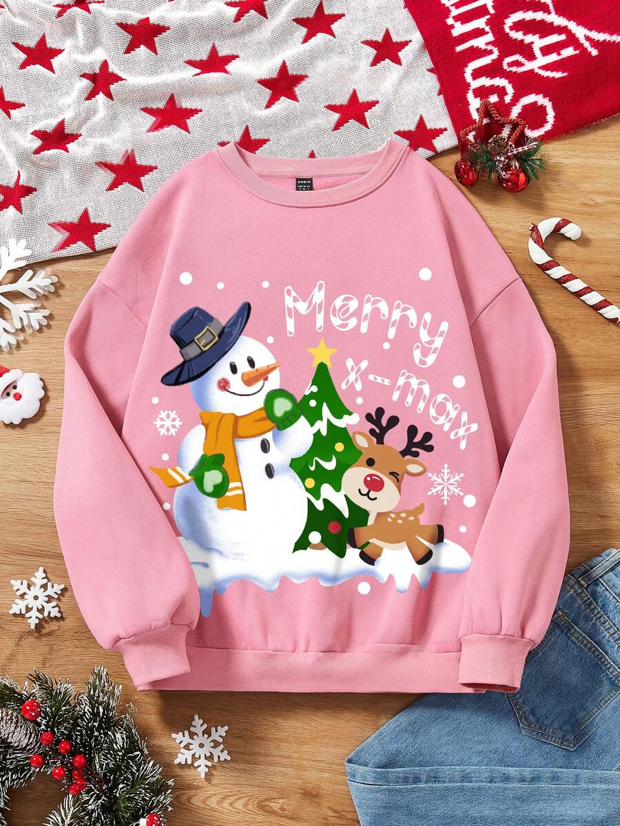 SHEIN EZwear 女式聖誕印花下肩毛絨衛衣 - 淺粉色 - 查看 1