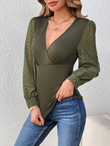 SHEIN Tall V領拼接設計插肩袖襯衫 - 軍綠色 - 查看 3