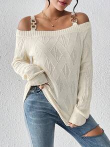 SHEIN LUNE Women's Cut Out Shoulder Sweater With Chain Strap - Beige - View 5