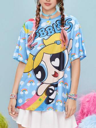 The Powerpuff Girls | ROMWE Loose Fit Cartoon Pattern Drop Shoulder T-Shirt, School