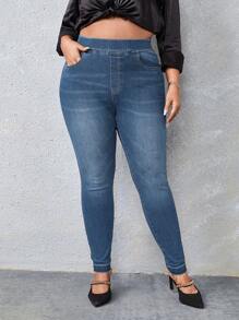 SHEIN Essnce Plus Elastic Waist Skinny Jeans - Dark Wash - View 4