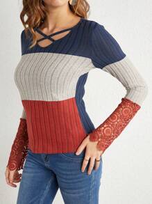 EMERY ROSE V-neck Lace Patchwork Contrast Color Long Sleeve T-shirt