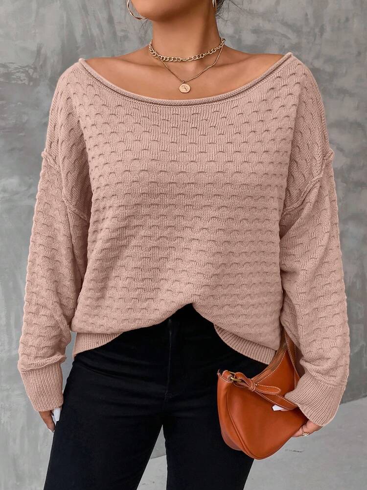 Plus Boat Neck Drop Shoulder Sweater Knit Pullover Fall Winter Sweater