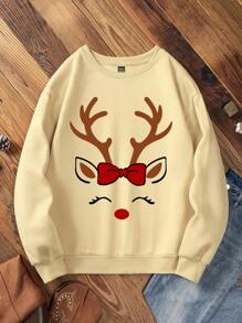 SHEIN EZwear Nai sừng tấm Giáng sinh In Lót nhiệt Áo nỉ - Màu be - Xem 3