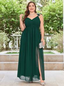 Plus Size Women's Olive Green Split Shoulder Embroidered Chiffon Party Dress - Dark Green - View 3