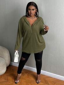 Slaydiva Plus Size Zipper Knitted Hooded T-Shirt