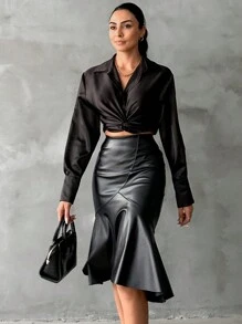 EURMUSE Women's Pu Leather Mermaid Hem Skirt - Black - View 2