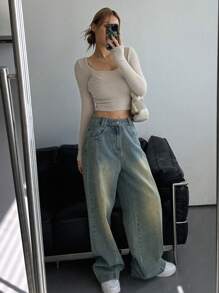 DAZY Của phụ nữ Sang trọng Áo thun Với Thanh lịch Đường viền cổ áo - Màu be - Xem 3