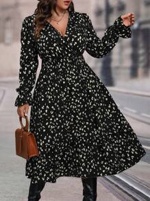 SHEIN Clasi Plus Leopard Print Flounce Sleeve Overlap Collar Dress - Black - View 2