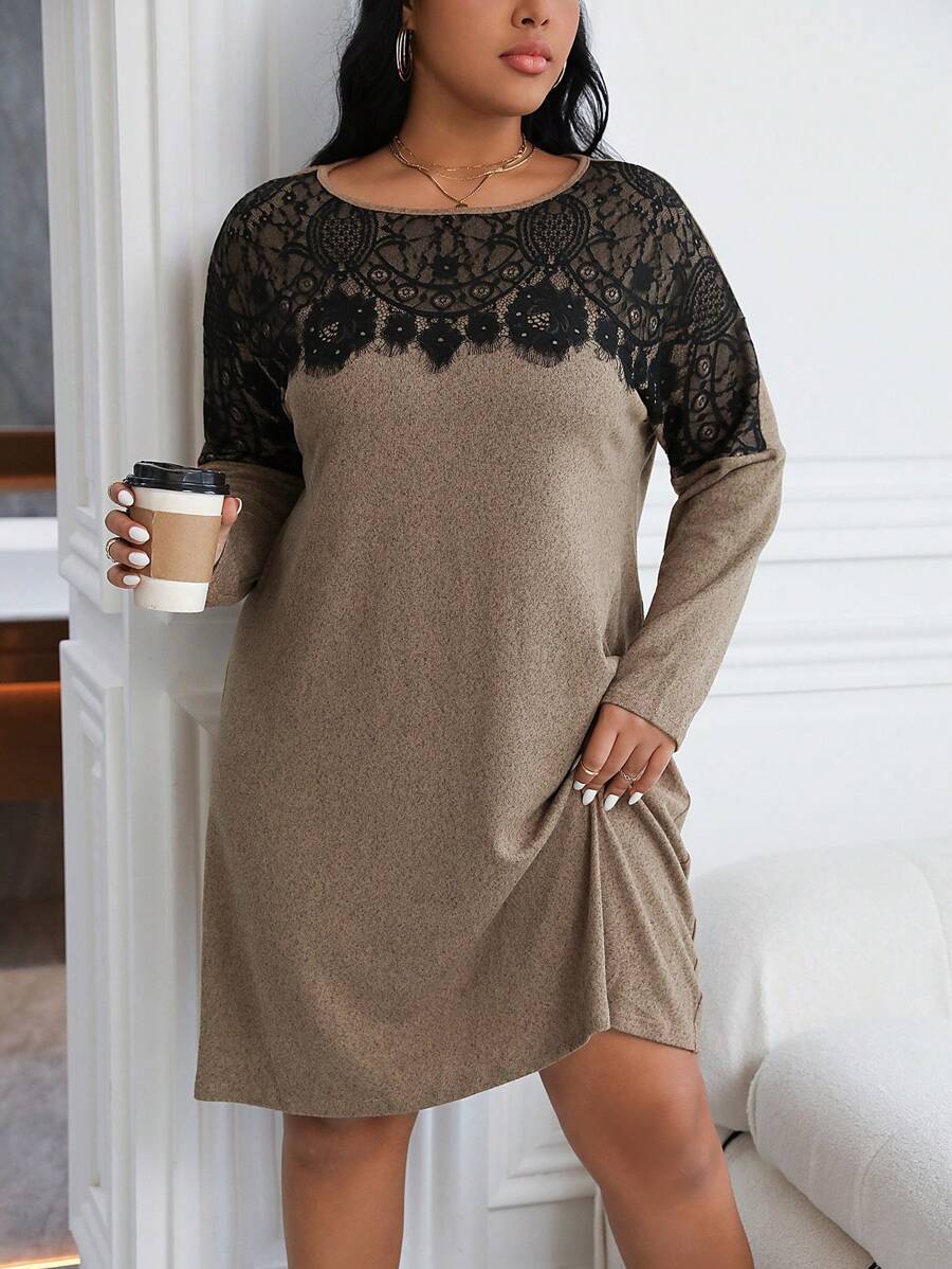Calvaya Vestido De Talla Grande Para Mujer Con Parches De Encaje - Café integral - Ver 1