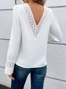 SHEIN Frenchy 女蕾絲拼接泡泡袖襯衫 - 白色 - 查看 4