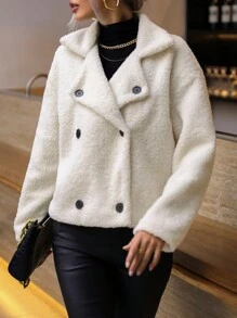 SHEIN Essnce Double Breasted Drop Shoulder Teddy Jacket - Beige - View 5