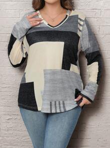 EMERY ROSE 大碼女士拼接印花t恤 - 灰色 - 查看 1