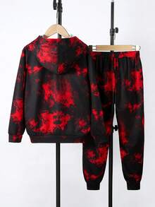 2 Cái/bộ Bé Trai Đơn Giản Và Thời Trang Họa Tiết Quỷ Màu Sắc Tương Phản Có Mũ Trùm Đầu Dài Tay Áo Và Quần Trang Phục, Xuân Thu - Đỏ - Xem 2