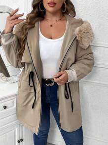 Flirla Plus Size Hooded Padded Padded Coat Clothes Winter With Nipped Waist And Raw Edge Details Fall Cloth For Women Autumn - Khaki - View 4