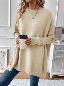 SHEIN Clasi Dơi Tay áo Màu thuần Áo len dệt kim - Màu be - Xem 5