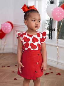 SHEIN Baby Girls' Casual Cute Heart Pattern Elastic Waist Skirt Set For Valentine's Day