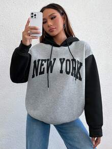 SHEIN Unity Color Block Letter Print Casual Hoodie - Grey - View 4