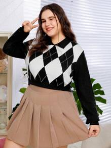 SHEIN EZwear Sudadera Con Cuello Y Patrón De Diamante Para Mujeres Con Talla Grande - Blanco y Negro - Ver 1