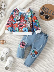 Em bé Con trai Phim hoạt hình dễ thương Nhỏ bé Quái vật Mẫu Giải trí Tay áo dài Áo nỉ Quần jean - Nhiều màu - Xem 5