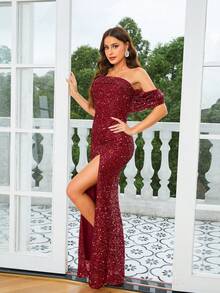 Missord 女式閃亮露肩高開衩晚禮服 - 紅色 - 查看 8