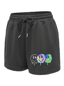 SHEIN EZwear Cartoon Graphic Drawstring Waist Shorts - Dark Grey - View 3