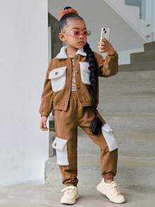 SHEIN Toddler Girls' Plush Patchwork Flap Pocket Jacket And Cargo Pants Two-piece Set - Brown - View 4