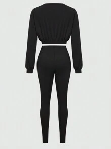 INAWLY Plus Size Women's Letter Printed Sweatshirt And Pants Set - Black - View 3