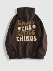 ROMWE MEN Street Life Men Slogan Graphic Drawstring Thermal Lined Hoodie - Coffee Brown - View 1