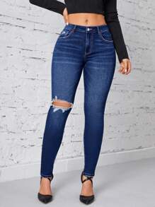 SHEIN Privé Rách Raw Hem Quần jean ôm - Rửa tối - Xem 3