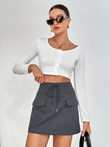 SHEIN Essnce Women's Drawstring Waist Flap Cover Pocket Skirt - Grey - View 2