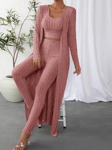 SHEIN Essnce Solid Rib-knit Tank Top & Leggings & Coat - Pink - View 1