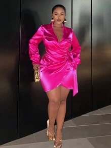 Slaydiva Women's Plus Size Wrapped Knot Design Dress - Hot Pink - View 6