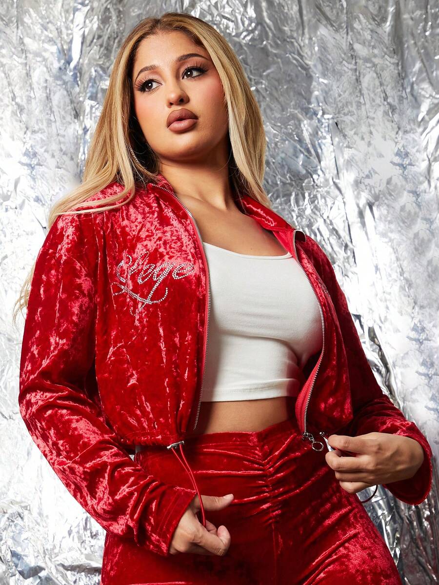 SHEIN SXY 鑲鑽字母圖案天鵝絨拉鍊運動衫 - 紅色 - 查看 1