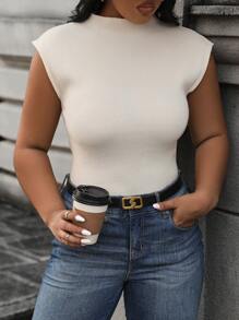 Calvaya Kích thước lớn Màu thuần Cổ giả Knit ngọn - Màu be - Xem 7