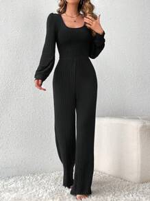 SHEIN Tall 女士連身褲,設有燈籠袖和剪裁細節 - 黑色 - 查看 7