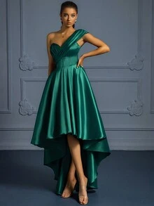 One Shoulder High Low Hem Satin Formal Dress - Green - View 5