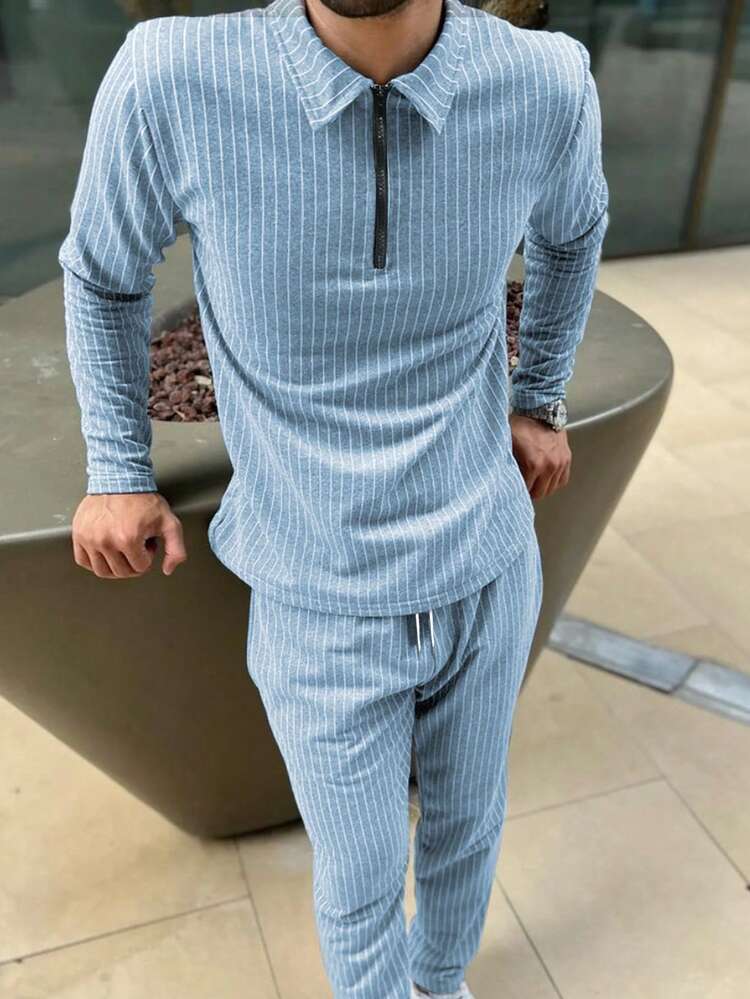 Men Striped Half Zip Tee & Drawstring Waist Pants