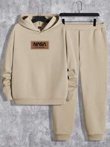 GENTILAND Men's Plus Size Letter Printed Hoodie And Sweatpants Two-piece Set - Khaki - View 2