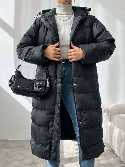 EURMUSE Women'S Hooded Long Black Padded Coat With Drawstring